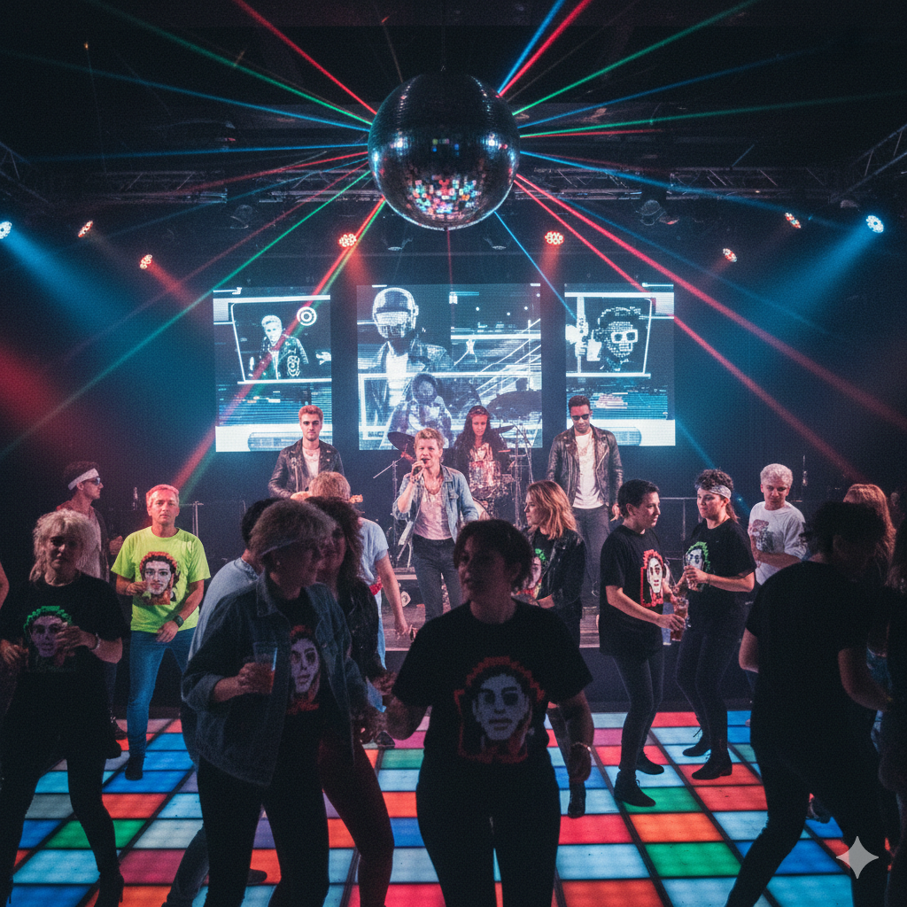 Nostalgia que nunca sai de moda, pista de dança pessoas geradas através de IA